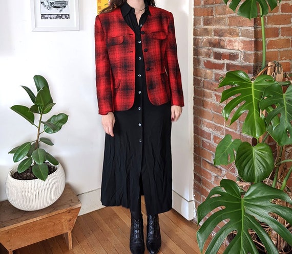 80s Red Buffalo Plaid Jacket • Red Black Button W… - image 2