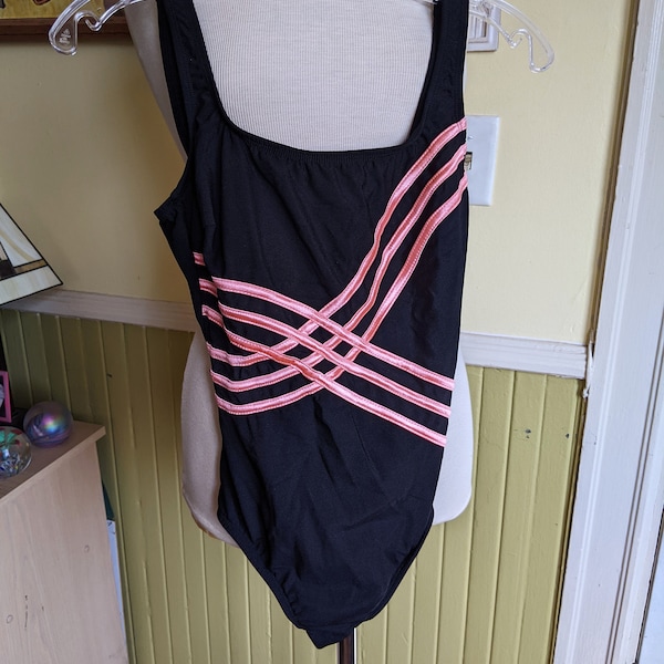 90s Vintage Black One Piece Swimsuit • Hot Neon Pink Satin Stripes • Medium Size 10 • Bathing Suit • Swim Bodysuit