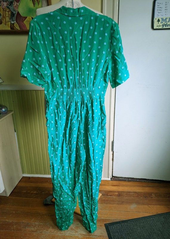 90s Green Silk Jumpsuit • Funky Polka Dots • One … - image 2
