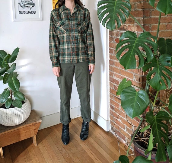 70s Green Plaid Wool Shirt • Topaz Hipster Button… - image 1