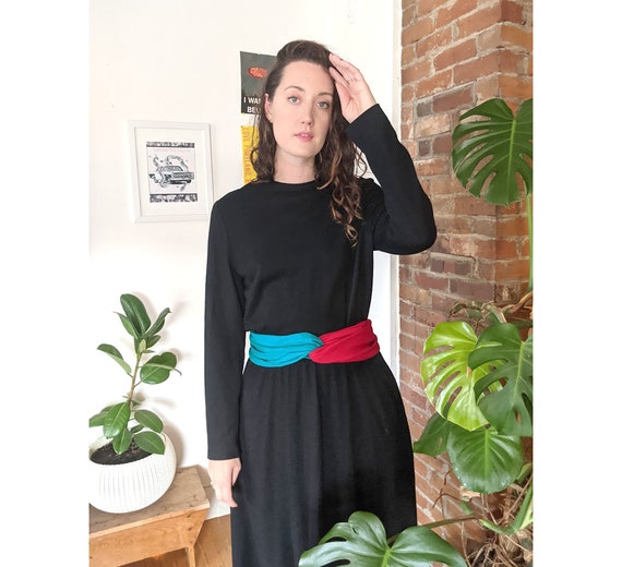 1960s Black Wool Dress • Colorful Wrap Belt • USA… - image 1