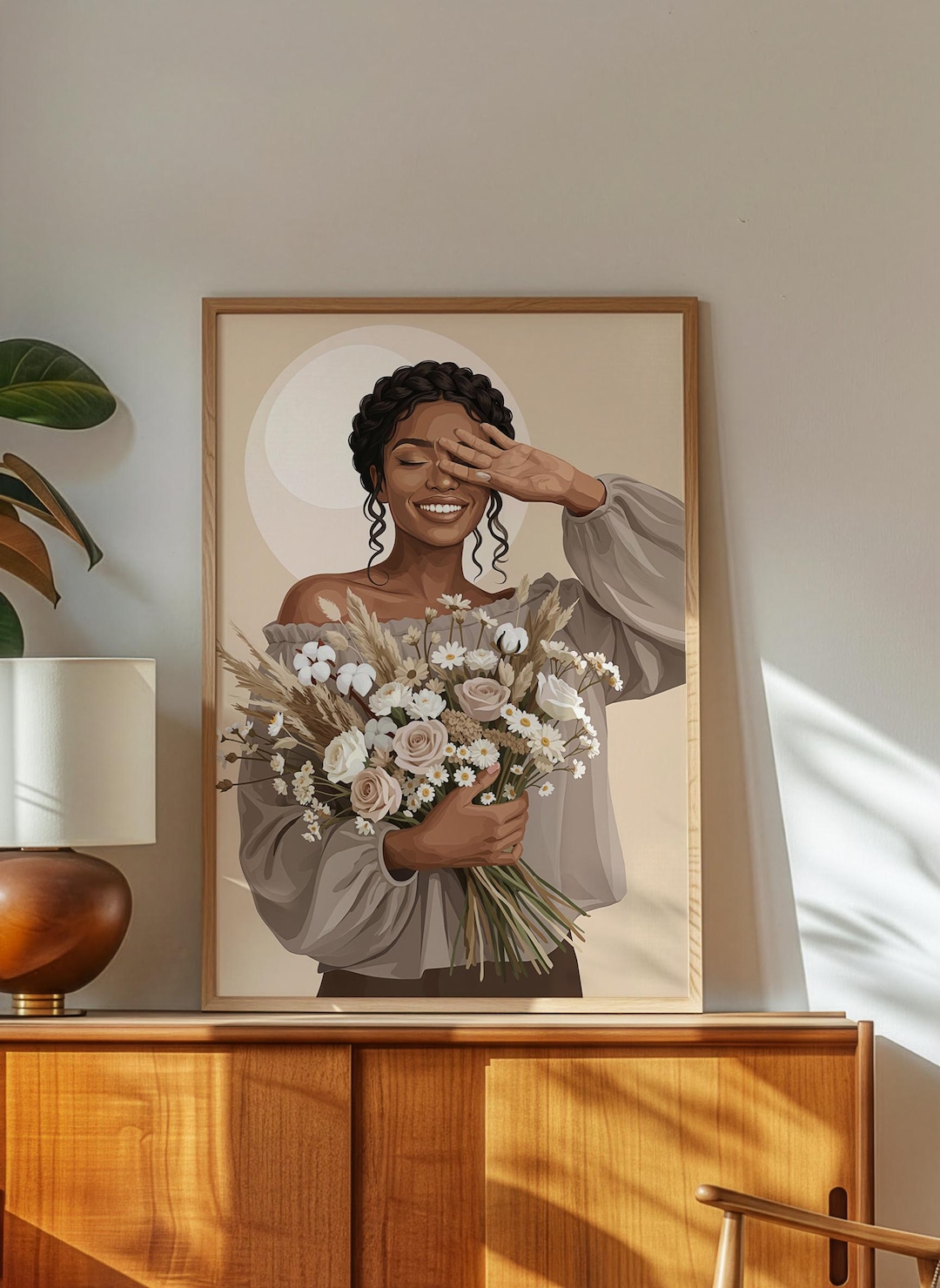 Black Woman Floral Wall Art, Boho Flower Bouquet Print, Neutral Earth ...