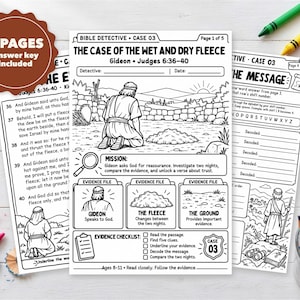 May include: A five-page Bible detective activity set titled The Case of the Wet and Dry Fleece, featuring black and white illustrations of Gideon, a fleece, and evidence files with text, checkboxes, and decoding tasks for children.