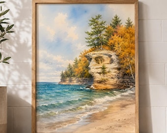 Pictured Rocks Michigan Wall Art Print | Watercolor Great Lakes Decor | Rustic Cabin Poster