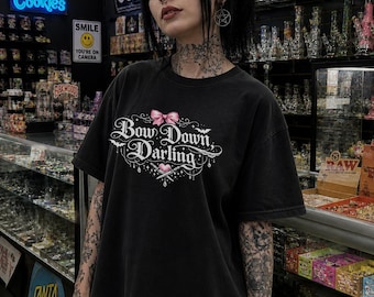 Bow Down Darling Coquette Goth Shirt, Dark Feminine Aesthetic Tee, Pink Bow Graphic T-Shirt, Y2K Goth Clothing, Alt Girl Gift