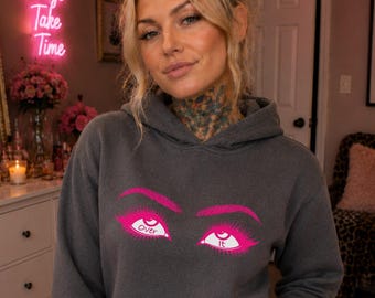 Over It Hoodie | Pink Eyes Graphic Hoodie | Alt Girl Hoodie | Gothic Streetwear | Emo Aesthetic Hoodie | Trendy Cropped Hoodie