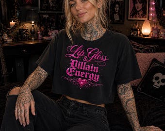 Lip Gloss & Villain Energy Shirt, Dark Feminine Shirt, Y2K Goth Top, Coquette Goth Tee, Alternative Girl Shirt, Pink Graphic Tee