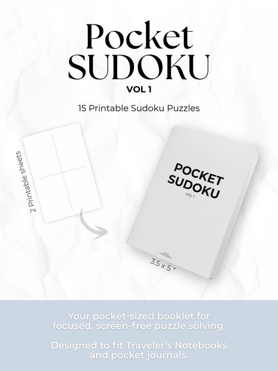 Pocket Sudoku VOL 1 | 15 Mini Sudoku Puzzles PDF | Easy to Hard (Instant Download)