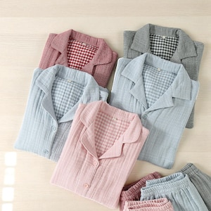 Dampyjamas i bomull med våffelmönster, mjukt, långärmat, nattkläder med knappar, mysigt lounge-set, julklapp till henne, vinternattkläder Storbritannien USA Australien