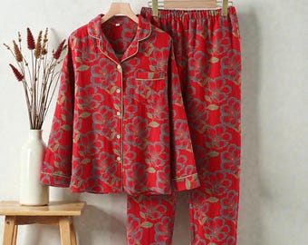 Ethnic Style Cotton Gauze Pajamas for Women, Double Layer Pure Cotton Loungewear, Long Sleeve Printed Homewear Cardigan Set