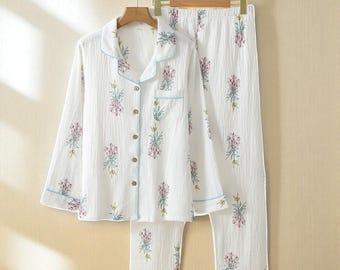 Piżama damska z bawełny w kwiaty z długim rękawem, zapinana na guziki, miękka i lekka, idealna na prezent dla niej, świąteczna bielizna nocna, prezent urodzinowy