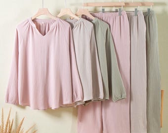 Women’s Cotton Gauze Pajama Set in Solid Color, Minimalist Double Layer Long Sleeve Loungewear