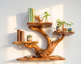 Handcrafted Assembled Acacia Wood Tree Bookshelf, Unique Floating Wood Wall Decor For Library Or Living Room, Book Lover Housewarming Gift