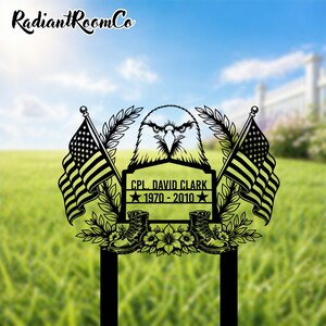 Custom Garden Metal Stake with Eagle and American Flag, Personalized Memorial Gift for Veteran, Patriotic Yard Decor