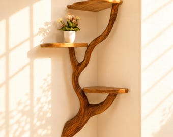 Acacia Wood Floating Bookshelf - Tree Shape Rustic Wall Decor