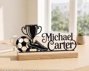 Decoración de mesa metálica con diseño de jugador de fútbol, letrero personalizado para entrenador de fútbol, regalo deportivo único para papá.