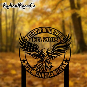Custom Garden Metal Stake with Eagle and American Flag, Personalized Forever Our Hero Gift for Veteran, Patriotic Yard Decor
