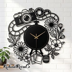Reloj de pared metálico para fotografía, decoración personalizada para estudio fotográfico, arte único con lentes de cámara.