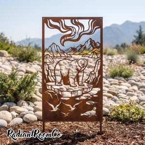 Pannello decorativo rustico con orso polare per giardino, decorazione personalizzata con animali per esterni, schermo per la privacy con ghiaccio artico.