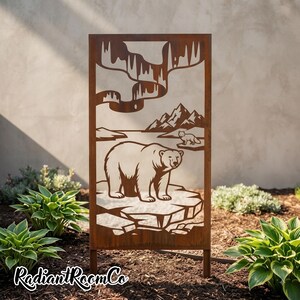 Panel rústico de jardín con oso polar, arte de jardín personalizado con animales, pantalla de privacidad de hielo ártico.