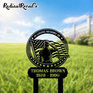 Custom Garden Metal Stake with Saluting Soldier and American Flag, Personalized In Loving Memory Gift for Veteran, Memorial Yard Decor