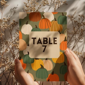 Pode incluir: Um cartão retangular com um padrão de abóboras em laranja, branco, verde e amarelo. O cartão tem o texto "TABLE 7" num retângulo bege. O cartão é segurado por duas mãos.