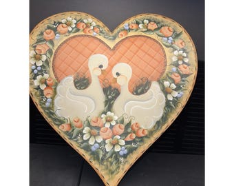 Arte popular de madera vintage primitivo, forma de corazón, ganso y pato, hecho a mano, pintado y firmado.