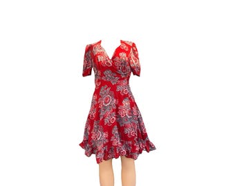Ralph Lauren S Denim Supply Rode bloemenjurk met overslag, V-hals, ruches, pofmouw
