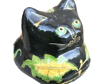 Mini joyero lacado con forma de gato negro vintage, caja para anillos, flores pintadas a mano