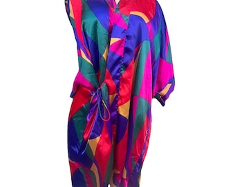 Vtg Beth Michaels Satin Abstract Kimono Robe OSFM Womens NO BELT Colorful