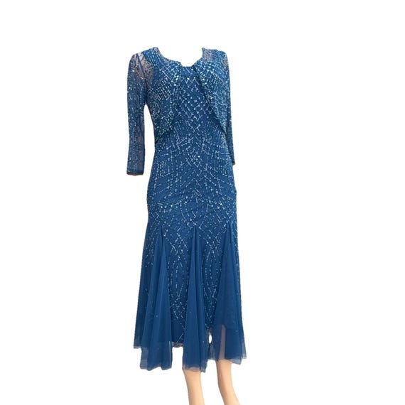 pisarro evening dresses Nights Beaded Gown With Long Sleeve Jacket Petrol Blue Sz 6 268 N/WO/T Ornate floral beadwork adds after Pisarro Nights Evening Dresses L