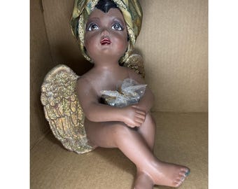 Vintage schattig handgeschilderd beeldje gelukkige engel: 10" hoog en 9" breed