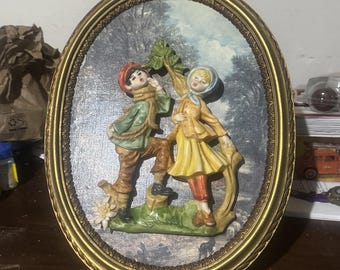 Vintage Italiaanse 3D-plaquettes met basreliëf — gouden lijsten voor kinderen uit de jaren 50
