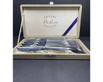 Vintage Kaysons De Luxe roestvrijstalen messenset van 6 doos met gebogen handvat MCM Sleek