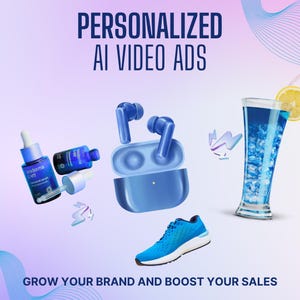 May include: An advertisement with a blue running shoe, wireless earbuds, skincare products, and a drink with a lemon slice. The text says "PERSONALIZED AI VIDEO ADS" and "GROW YOUR BRAND AND BOOST YOUR SALES."