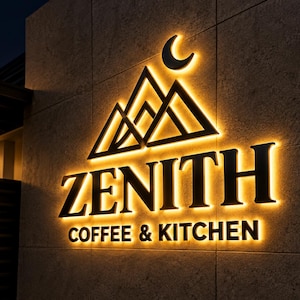 May include: A wall-mounted sign featuring the text ZENITH COFFEE & KITCHEN in black lettering with a backlit glow. Above the text is a black mountain range graphic with a crescent moon, all illuminated by a warm light against a stone wall.