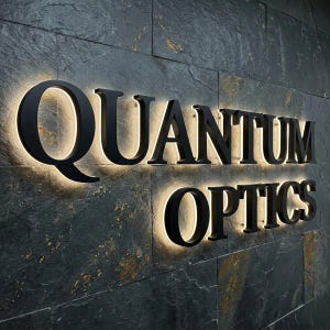Peut inclure: Enseigne noire éclairée sur un mur de pierre sombre. L'enseigne indique "QUANTUM OPTICS" en lettres grasses sans empattement. Les lettres sont noires avec une lumière chaude et brillante qui les souligne.