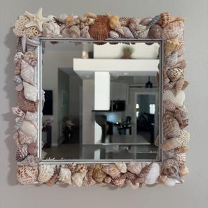 May include: Square mirror with a white frame, adorned with a variety of seashells. The shells are in shades of white, tan, and brown, creating a coastal theme. A starfish is visible on the top left corner. The mirror reflects the interior of a room.