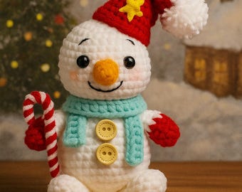May include: A handmade crochet snowman with a red hat, scarf, and mittens. The snowman has a carrot nose, button eyes, and a stitched smile. It holds a candy cane and is displayed on a wooden base. A festive holiday decoration.