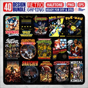 May include: A bundle of 40 retro gaming designs featuring titles like Sonic, Pac-Man, and Street Fighter. The designs are ready for DTF and DTG printing, with a halftone effect. Includes PNG and EPS files for various projects.
