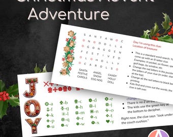 Puede incluir: Un juego digital de Aventura de Adviento de Navidad con búsquedas de palabras y pistas. El diseño presenta la palabra "JOY" en letras festivas, junto con un rompecabezas de búsqueda de palabras e instrucciones. Las palabras "Descarga digital" están en la parte inferior.