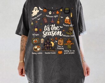 Vintage Halloween Comfort Colors® Shirt, Tis' the Season, Retro Halloween Aesthetic, Women's Halloween Shirt, Pumpkin Witch Graphic Tee
