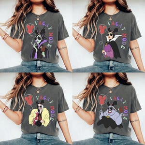 May include: Four gray t-shirts with Disney villain graphics. Each shirt features a different villain holding a red Mickey Mouse balloon and the words "VACAY MODE" in a circle. The villains are in various colors.
