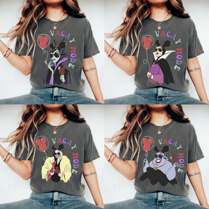 May include: Four gray t-shirts with Disney villain graphics. Each shirt features a different villain holding a red Mickey Mouse balloon and the words "VACAY MODE" in a circle. The villains are in various colors.
