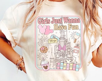 Retro 90s Disneyland Castle Girls Just Wanna Have Fun Trip T-shirt, Minnie and Daisy Girls Couples Girl Trip Tee, Disney Girls Trip T-shirt