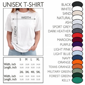 May include: White unisex t-shirt with size and color options. The shirt's width ranges from 18 to 32 inches, and the length from 28 to 35 inches. Available colors include black, white, navy, and more.