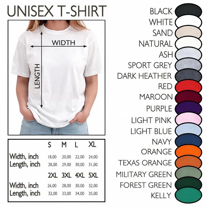 May include: White unisex t-shirt with size and color options. The shirt's width ranges from 18 to 32 inches, and the length from 28 to 35 inches. Available colors include black, white, navy, and more.