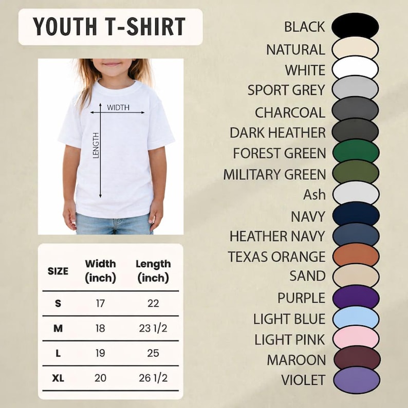 Puede incluir: Camiseta blanca para ni&ntilde;os con opciones de tallas y colores. La imagen muestra a un ni&ntilde;o usando la camiseta, con medidas en pulgadas. Las muestras de color incluyen negro, azul marino y morado. Tallas de la S a la XL.