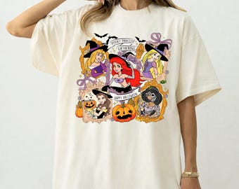 Princess Witches Halloween Shirt, Coquette Halloween Bow T-shirt, Snow White Ariel Jasmine Spooky Sweatshirt, Disneyland Pumpkin Season Tee