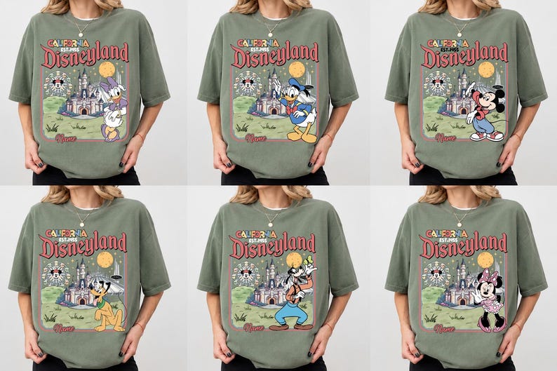 May include: Olive green t-shirts featuring various Disney characters and the Disneyland logo. The graphic includes a castle, Ferris wheel, and the words "California Disneyland Est. 1955". Each shirt showcases a different character: Donald Duck, Mickey Mouse, Pluto, Goofy, and Minnie Mouse.